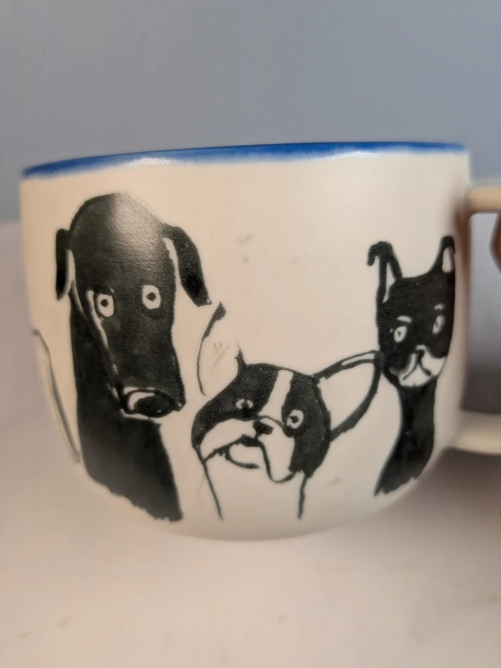 Anthropologie Cream Black Ceramic Dog Person Mug with Blue Interior